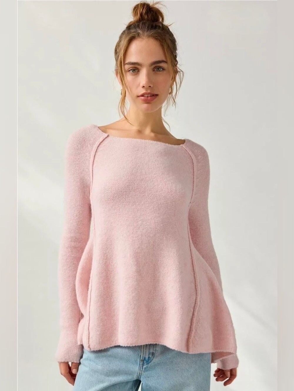NWT Blush Pink Exposed Seam Knit Sweater Flounce Fit And Flare Style SP Runs Big